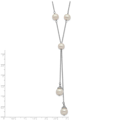 Sterling Silver Rhodium-plated 6-9mm White Teardrop and Semi-Round Freshwater Cultured Pearl 9-Station 2 drop 16 inch with 2 inch Extension Necklace