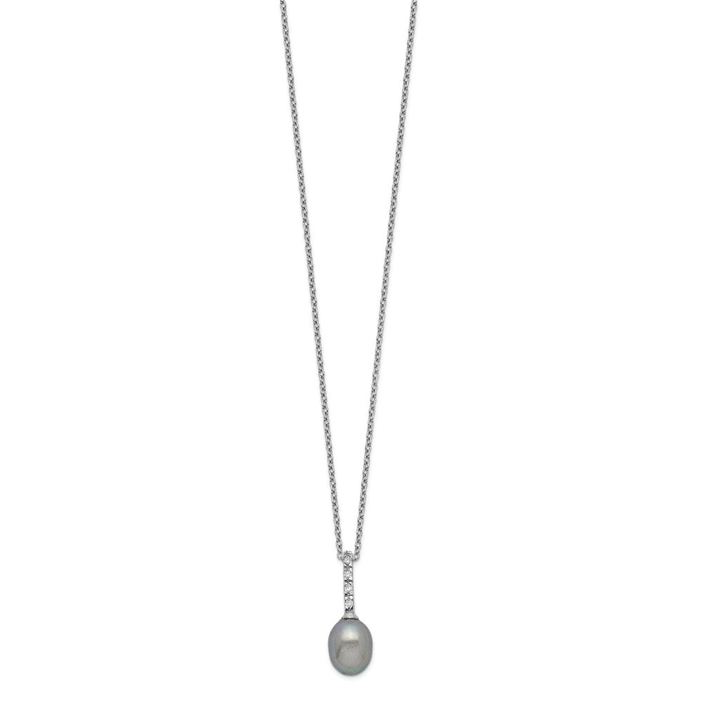 Sterling Silver Rhodium-plated 7-8mm Grey Teardrop Freshwater Cultured Pearl and CZ 17 inch Necklace