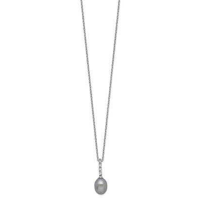 Sterling Silver Rhodium-plated 7-8mm Grey Teardrop Freshwater Cultured Pearl and CZ 17 inch Necklace