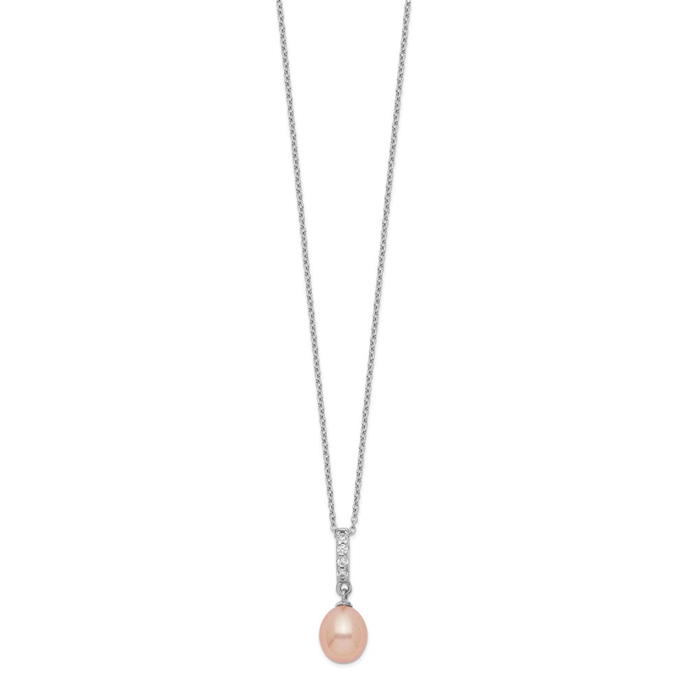Sterling Silver Rhodium-plated 8-9mm Pink Teardrop Freshwater Cultured Pearl and CZ 17 inch Necklace