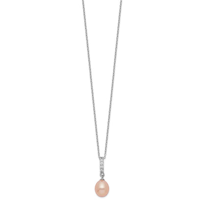 Sterling Silver Rhodium-plated 8-9mm Pink Teardrop Freshwater Cultured Pearl and CZ 17 inch Necklace