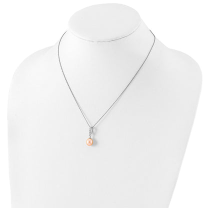 Sterling Silver Rhodium-plated 8-9mm Pink Teardrop Freshwater Cultured Pearl and CZ 17 inch Necklace