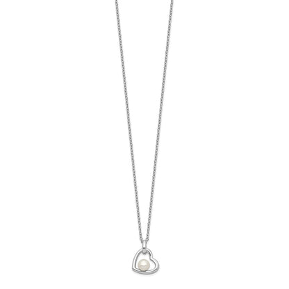 Sterling Silver Rhodium-plated 4-5mm White Button Freshwater Cultured Pearl Heart 17 inch Necklace