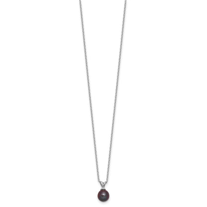 Sterling Silver Rhodium-plated 7-7.5mm Round Black Freshwater Cultured Pearl 17 inch Necklace