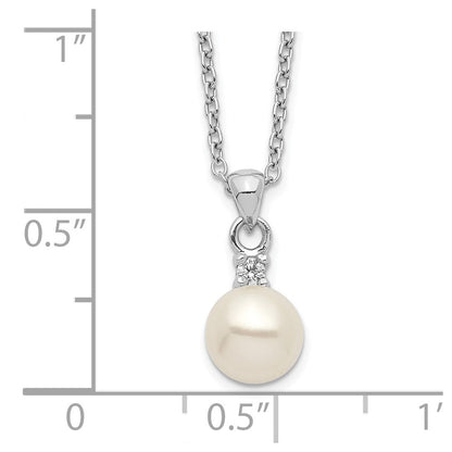 Sterling Silver Rhodium-plated 6-7mm White Button Freshwater Cultured Pearl and CZ 17 inch Necklace