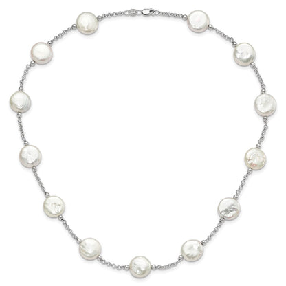 Sterling Silver Rhodium-plated 12-13mm White Coin Freshwater Cultured Pearl 13-station 18 inch Necklace
