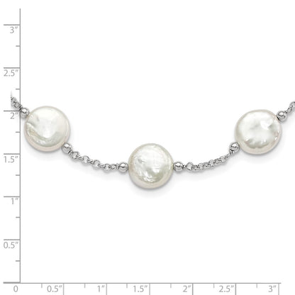 Sterling Silver Rhodium-plated 12-13mm White Coin Freshwater Cultured Pearl 13-station 18 inch Necklace