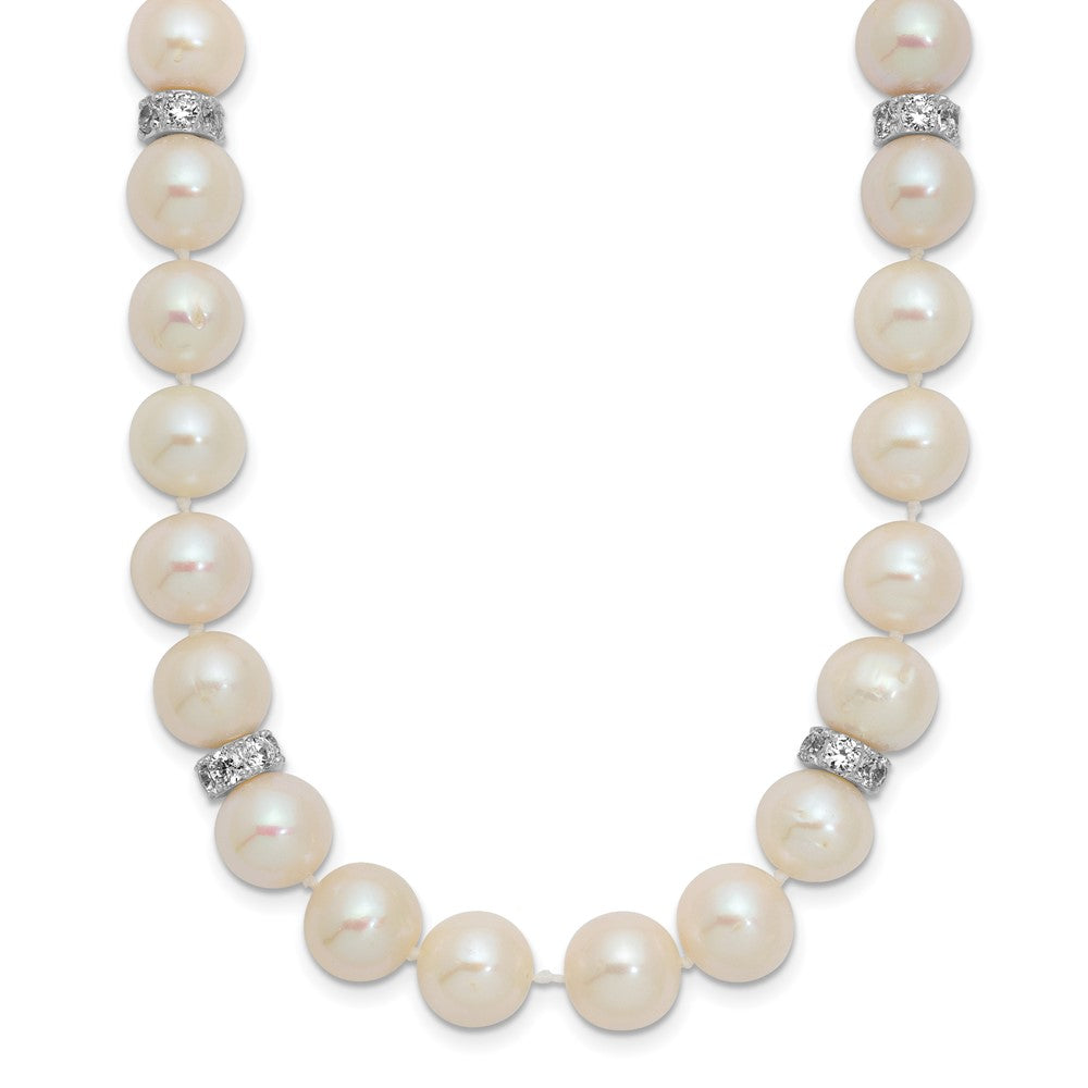 Sterling Silver Rhodium-plated 9-10mm White Near-Round Freshwater Cultured Pearl and CZ 18 inch Necklace