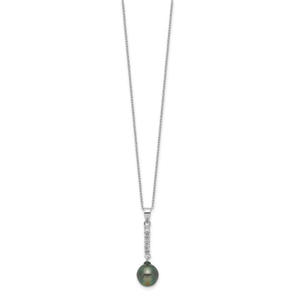 Sterling Silver Rhodium-plated 9-10mm Black Teardrop Tahitian Saltwater Pearl and CZ 17 inch Necklace and Post Dangle Earrings Set