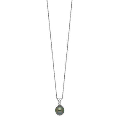 Sterling Silver Rhodium-plated 9-10mm Black Teardrop Tahitian Saltwater Cultured Pearl and CZ 17 inch Necklace and Post Dangle Earrings Set