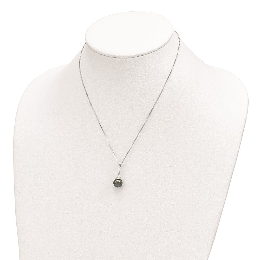 Sterling Silver Rhodium-plated 9-10mm Black Teardrop Tahitian Saltwater Cultured Pearl 17 inch Necklace