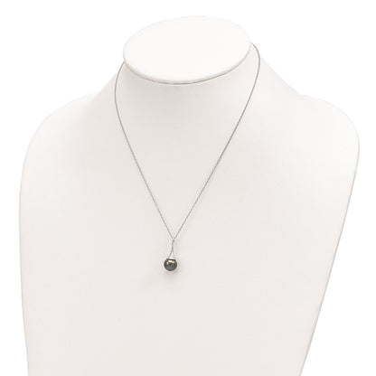 Sterling Silver Rhodium-plated 9-10mm Black Teardrop Tahitian Saltwater Cultured Pearl 17 inch Necklace