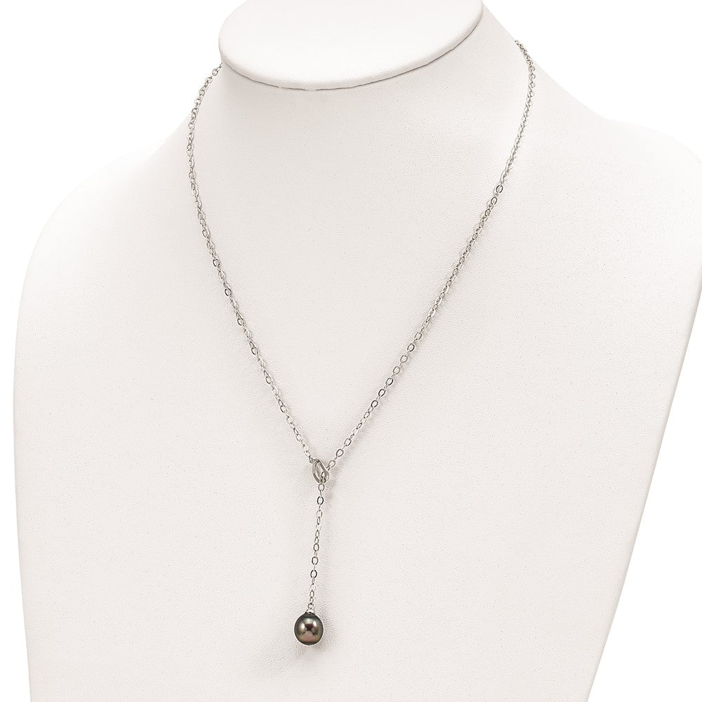 Sterling Silver Rhodium-plated 9-10mm Black Teardrop Tahitian Saltwater Cultured Pearl Slide 19.5 inch Necklace