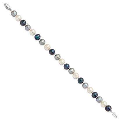 Sterling Silver Rhodium-plated 8-9mm Black, Green and White Semi-Round Freshwater Cultured Pearl 7.5 inch Bracelet