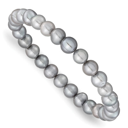 Sterling Silver Rhodium-plated 7-8mm Grey Near-Round Freshwater Cultured Pearl 18 inch Necklace, Stretch Bracelet and Button Post Earrings Set