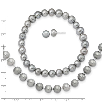 Sterling Silver Rhodium-plated 7-8mm Grey Near-Round Freshwater Cultured Pearl 18 inch Necklace, Stretch Bracelet and Button Post Earrings Set