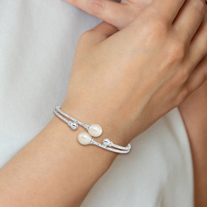 Sterling Silver Rhodium-plated White 8x10mm Teardrop Freshwater Cultured Pearl Hinged Bangle