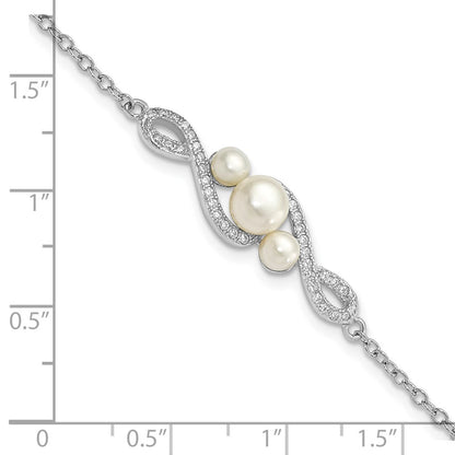 Sterling Silver Rhodium-plated 4-7mm White Button Freshwater Cultured Pearl and CZ 7 inch with 2 inch Extension Bracelet