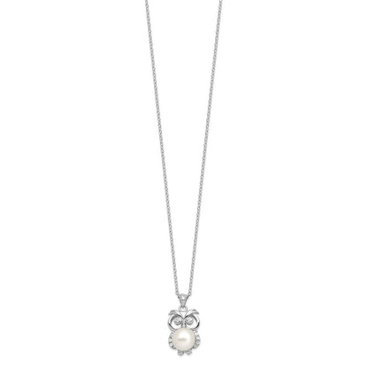 Sterling Silver Rhodium-plated 8-9mm White Button Freshwater Cultured Pearl and CZ Owl 17 inch Necklace