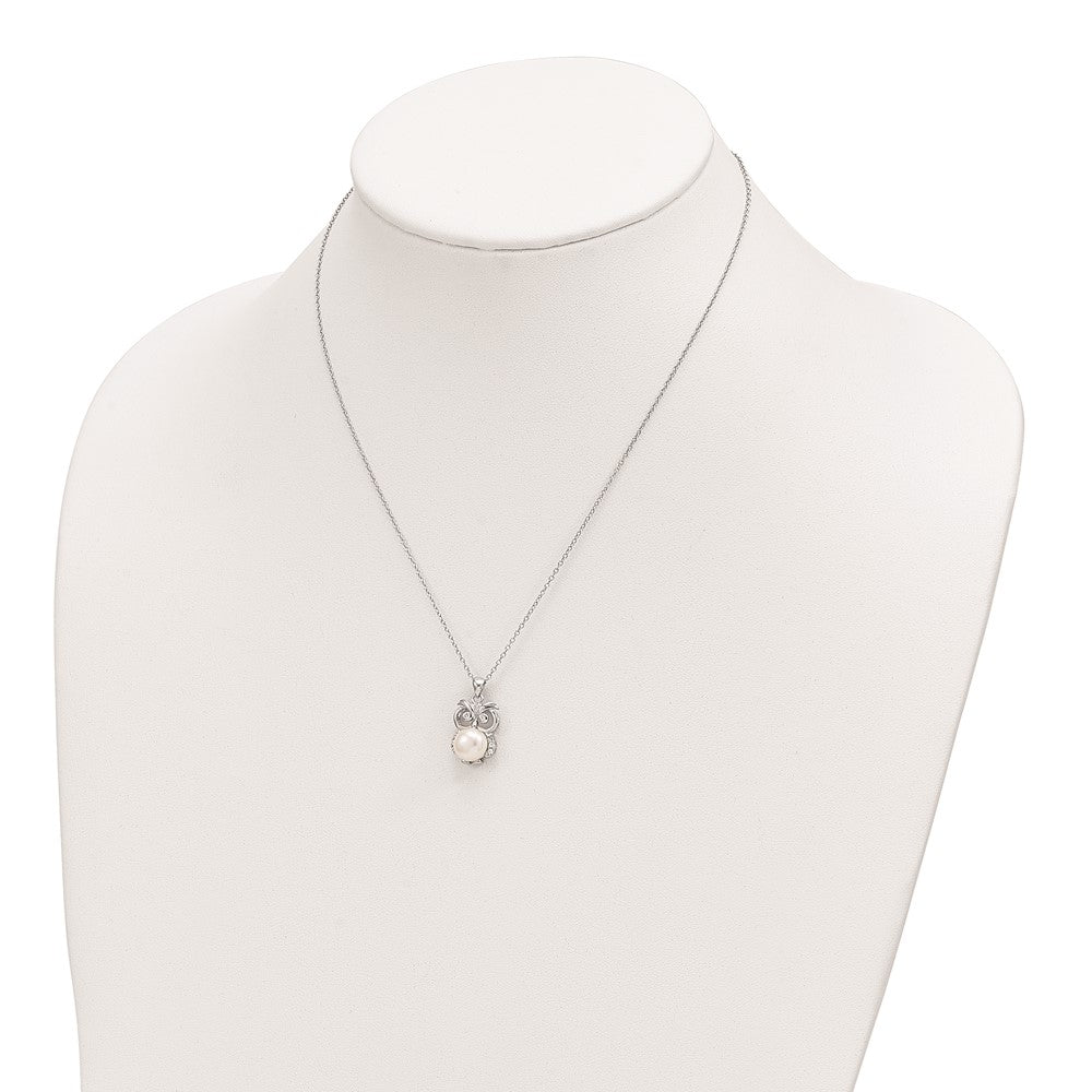 Sterling Silver Rhodium-plated 8-9mm White Button Freshwater Cultured Pearl and CZ Owl 17 inch Necklace