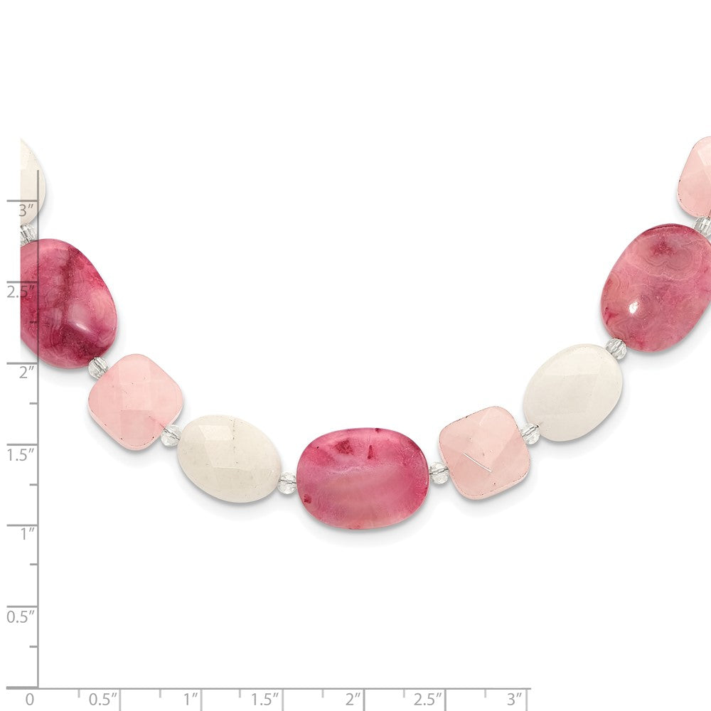 Sterling Silver Pink Agate/Quartz, Jade, Crystal w/2in ext Necklace