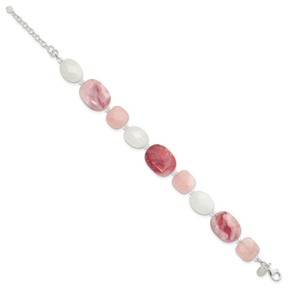 Sterling Silver Pink Agate/Quartz, Jade, Crystal w/1in ext Bracelet