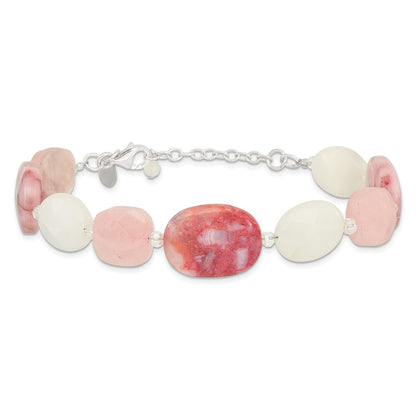 Sterling Silver Pink Agate/Quartz, Jade, Crystal w/1in ext Bracelet
