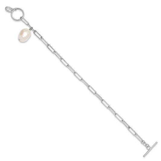 Sterling Silver Rhodium-plated Paperclip Chain with Oval CZ and 10-11mm White Rice Freshwater Cultured Pearl 7.5 inch Toggle Bracelet