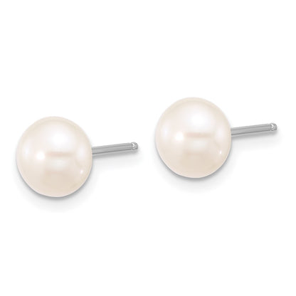 Sterling Silver Rhodium-plated 6-8mm White Near-Round Freshwater Cultured Pearl 18 inch Necklace and Post Earrings Set