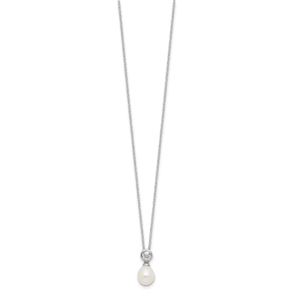 Sterling Silver Rhodium-plated 7-8mm White Rice Freshwater Cultured Pearl and CZ 17 inch Necklace