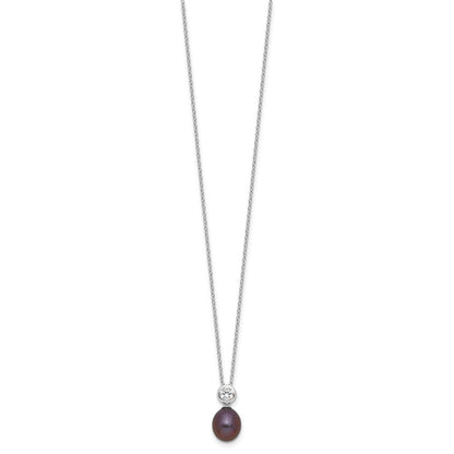Sterling Silver Rhodium-plated 7-8mm Black Rice Freshwater Cultured Pearl and CZ 17 inch Necklace