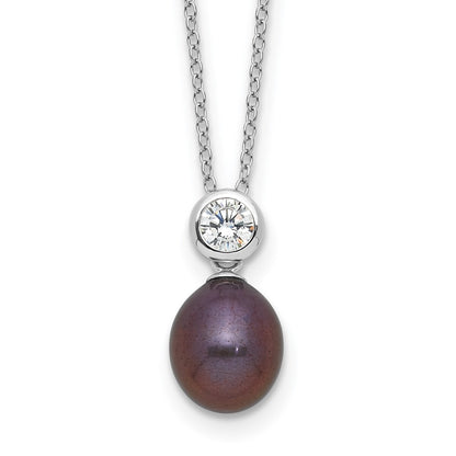Sterling Silver Rhodium-plated 7-8mm Black Rice Freshwater Cultured Pearl and CZ 17 inch Necklace