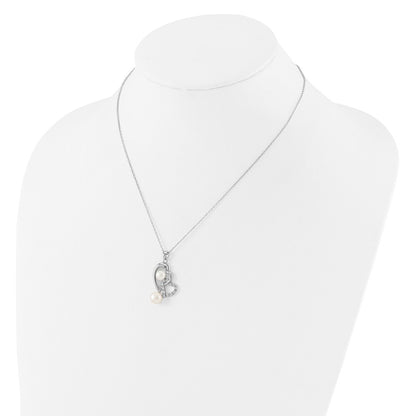 Sterling Silver Rhodium-plated 6-7.5mm White Button Freshwater Cultured Pearl and CZ Double Heart 17 inch Necklace