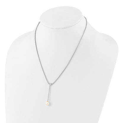 Sterling Silver Rhodium-plated 8-9mm Teardrop Freshwater Cultured Pearl and CZ Drop Dangle 18 inch Necklace