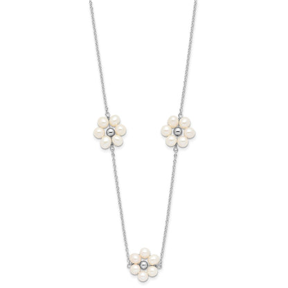 Sterling Silver Rhodium-plated 4-5mm White Semi-Round Freshwater Cultured Pearl Flower 17 inch with 1.75 inch Extension Necklace