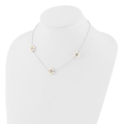 Sterling Silver Rhodium-plated 4-5mm White Semi-Round Freshwater Cultured Pearl Flower 17 inch with 1.75 inch Extension Necklace