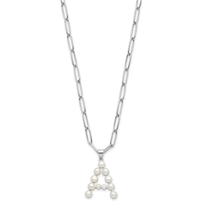 Sterling Silver Rhodium-plated 3-5.5mm White Button Freshwater Cultured Pearl LETTER A 18 inch Necklace