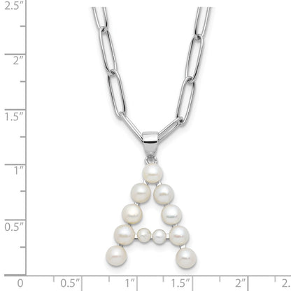 Sterling Silver Rhodium-plated 3-5.5mm White Button Freshwater Cultured Pearl LETTER A 18 inch Necklace