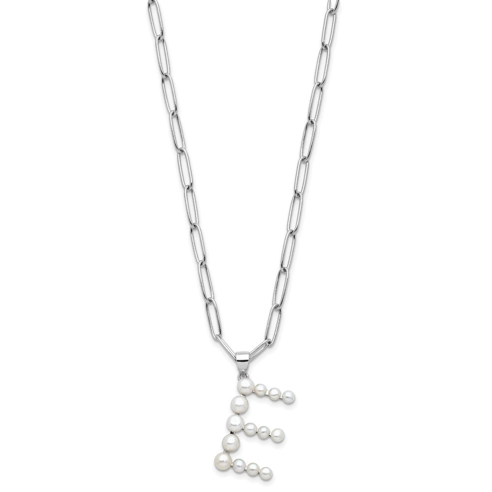 Sterling Silver Rhodium-plated 3-5.5mm White Button Freshwater Cultured Pearl LETTER E 18 inch Necklace