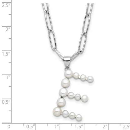 Sterling Silver Rhodium-plated 3-5.5mm White Button Freshwater Cultured Pearl LETTER E 18 inch Necklace