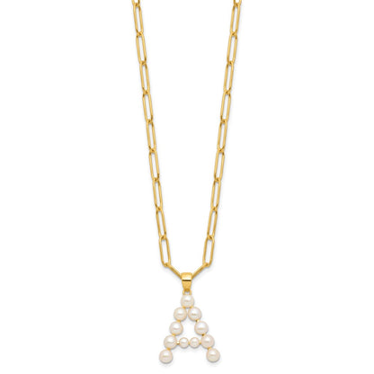 Sterling Silver Gold-plated 3-5.5mm White Button Freshwater Cultured Pearl LETTER A 18 inch Necklace