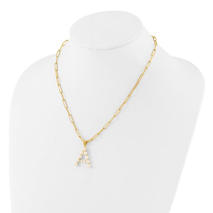 Sterling Silver Gold-plated 3-5.5mm White Button Freshwater Cultured Pearl LETTER A 18 inch Necklace
