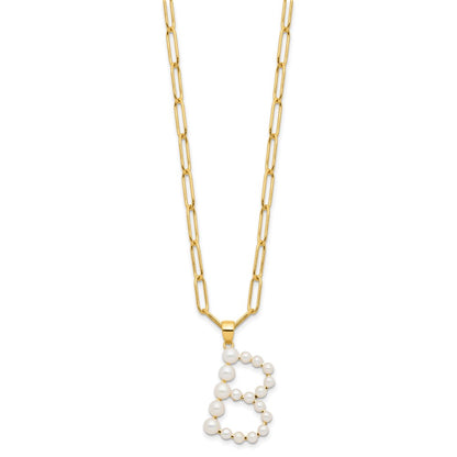 Sterling Silver Gold-plated 3-5.5mm White Button Freshwater Cultured Pearl LETTER B 18 inch Necklace