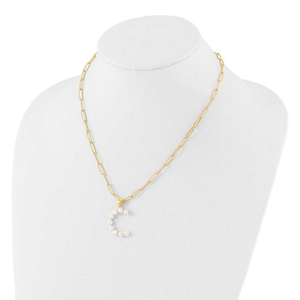 Sterling Silver Gold-plated 3-5.5mm White Button Freshwater Cultured Pearl LETTER C 18 inch Necklace