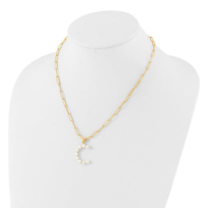 Sterling Silver Gold-plated 3-5.5mm White Button Freshwater Cultured Pearl LETTER C 18 inch Necklace