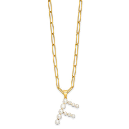 Sterling Silver Gold-plated 3-5.5mm White Button Freshwater Cultured Pearl LETTER F 18 inch Necklace