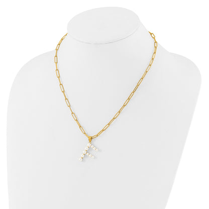 Sterling Silver Gold-plated 3-5.5mm White Button Freshwater Cultured Pearl LETTER F 18 inch Necklace