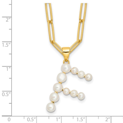 Sterling Silver Gold-plated 3-5.5mm White Button Freshwater Cultured Pearl LETTER F 18 inch Necklace