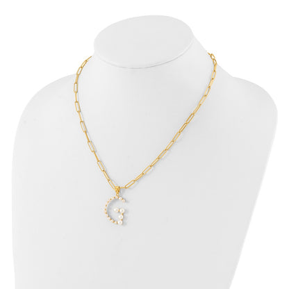 Sterling Silver Gold-plated 3-5.5mm White Button Freshwater Cultured Pearl LETTER G 18 inch Necklace
