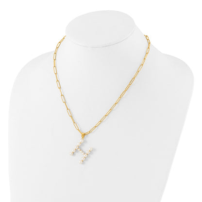 Sterling Silver Gold-plated 3-5.5mm White Button Freshwater Cultured Pearl LETTER H 18 inch Necklace